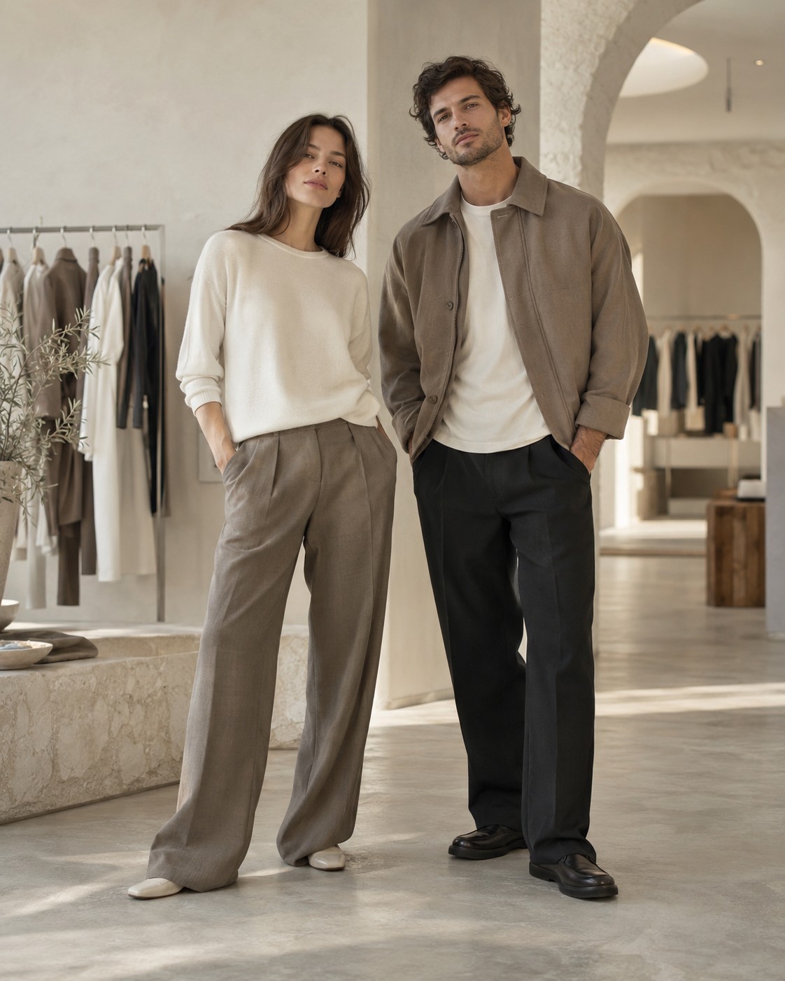 Immagine originale generata: modelli con abbigliamento contemporaneo in una boutique immaginaria